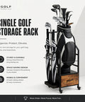 Garage Ready Golf Bag Organizer Rack With Wheels For Easy Single Bag Storage displayed with golf clubs and gear