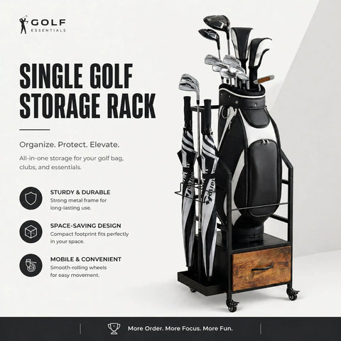 Garage Ready Golf Bag Organizer Rack With Wheels For Easy Single Bag Storage displayed with golf clubs and gear