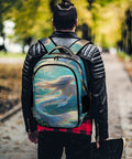 Back view of a person wearing Iridescent Mermaid Print Backpack for Adults and Teens, unisex bag on a tree-lined path.