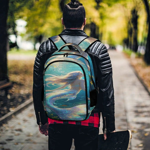Back view of a person wearing Iridescent Mermaid Print Backpack for Adults and Teens, unisex bag on a tree-lined path.