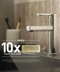 Close-up of Commercial Chrome Metering Bathroom Sink Faucet M-Press Single-Mount 0.5 GPM in modern bathroom setting