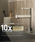 Moen chrome faucet in modern kitchen with America's Most Trusted Faucet Brand award displayed
