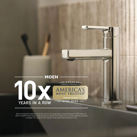 Moen faucet with America's Most Trusted award in kitchen setting