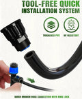 Long Reach Drip Irrigation System Kit with 6 Way Connectors showing tool-free quick installation system, PVC material.