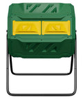 43 Gallon Dual Chamber Compost Tumbler For Easy Outdoor Garden Composting With Sliding Door Rotating Bin Tumbling Composter In Green Durable UV Protected Plastic Drum Built To Last In Any Weather, front view