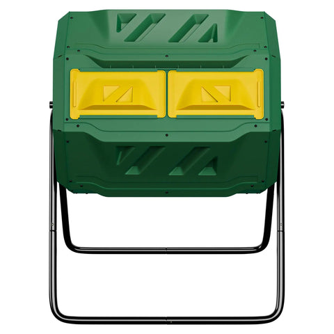 43 Gallon Dual Chamber Compost Tumbler For Easy Outdoor Garden Composting With Sliding Door Rotating Bin Tumbling Composter In Green Durable UV Protected Plastic Drum Built To Last In Any Weather, front view