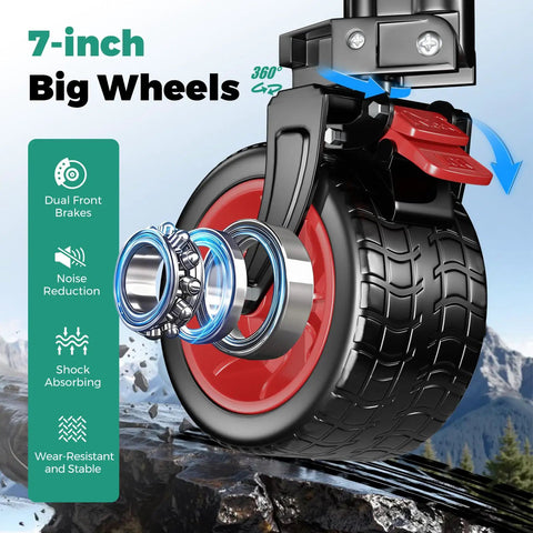Close-up of 7-inch wheel of Double Deck Folding Wagon Cart With Beefy All Terrain Wheels And Drop Down Tailgate Heavy Duty 500 Lbs Capacity