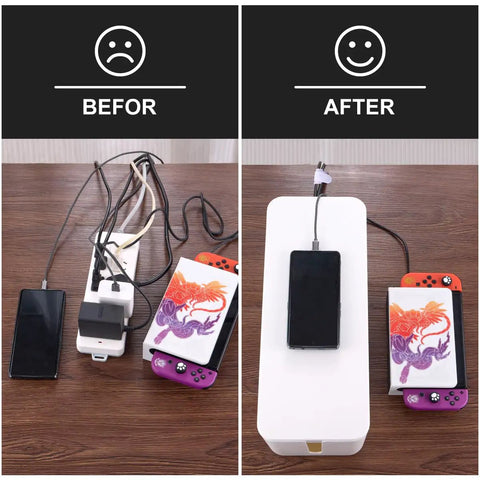 Before and after: messy cords vs. organized cables in Triple Pack Wooden Grain Cable Management Boxes Set With 18-Piece Cable Management Kit Large Medium Small Cord Organizers To Hide Wires And Power Strips TV Cord Organizer For Home And Office No More Cable Chaos White Finish