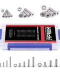 510-Piece Stainless Steel Flat Head Hex Socket Bolts And Nuts Set With M3 M4 M5 Sizes 304 Grade Includes Screws And Nuts Organized In Clear Case For Easy Access Bulk Fasteners For Home Workshop And DIY Projects displayed in clear case with bolts and nuts shown