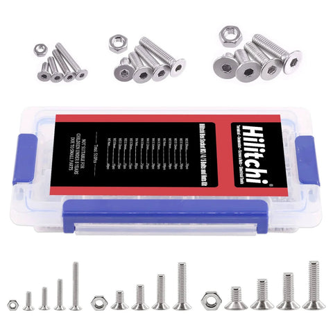 510-Piece Stainless Steel Flat Head Hex Socket Bolts And Nuts Set With M3 M4 M5 Sizes 304 Grade Includes Screws And Nuts Organized In Clear Case For Easy Access Bulk Fasteners For Home Workshop And DIY Projects displayed in clear case with bolts and nuts shown