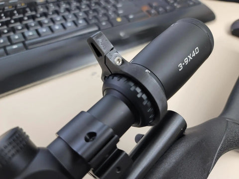 Carbon Fiber Scope Throw Lever For 3 9x40 Scopes, Ultra Lightweight, attached to 3-9x40 rifle scope on rifle body
