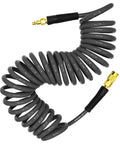 No Fuss Self Coiling Air Hose Polyurethane Recoil Design 3/8 Inch By 25 Feet coiled gray pneumatic tubing with quick connect coupler.