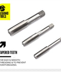 Pro Grade 60 Piece Metric And SAE Threading Tap And Die Tool Set featuring tapered teeth for precision threads
