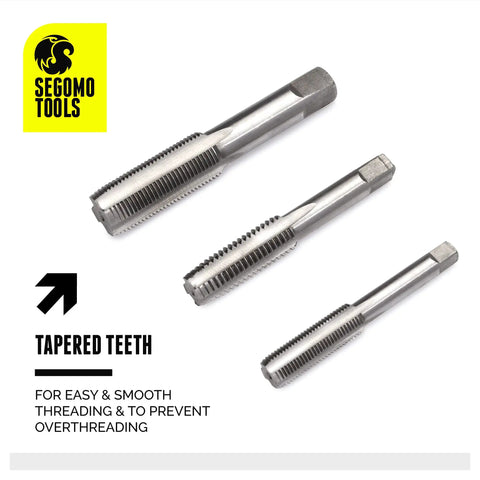 Pro Grade 60 Piece Metric And SAE Threading Tap And Die Tool Set featuring tapered teeth for precision threads