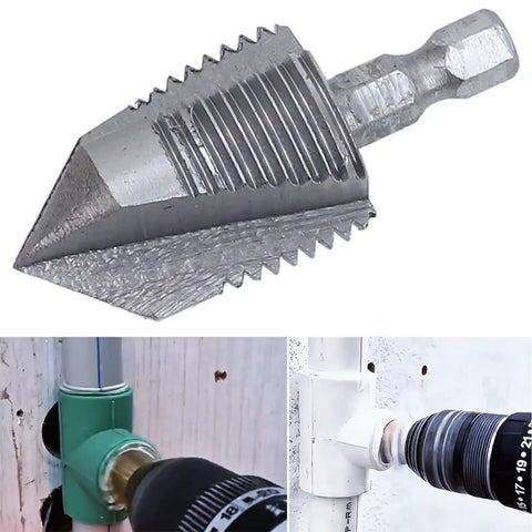 Heavy Duty 20Mm Ppr Pipe Threader Internal Cutter For Water Lines Fix Stripped Threads Fast With Hex Shank For Durable Plumbing Repairs And Reliable Connection On PvC Lines Easy To Use Tool showing the cutting head on a drill.