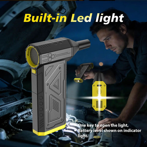High Speed 150000 RPM Electric Air Duster Ditch Canned Air Portable Blower For Computer Keyboard Car And Home Cleaning shown in use on car engine with built-in LED light
