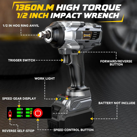 Diytoolifz Brushless 1/2 Inch Cordless Impact Wrench Compatible With Dewalt 20V. High Torque Driver With Led Light, Variable Speed, 4 Gear Control. Bare Tool Only No Battery Included For Heavy Duty Auto Repair Jobs