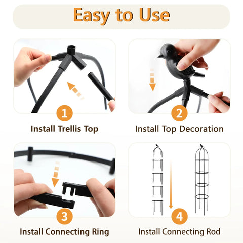 Easy assembly of 6Ft Adjustable Garden Obelisk Trellis With Four Rings And Decorative Tops Dope Rustproof Black Metal Plant Support