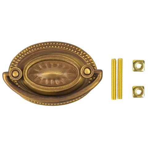 Top Shelf Antique Brass Drawer Bail Pull With Straight Up Classic Vibes, 2 Inch Center To Center Cup Handle For Dresser Cabinets, Dead On Stamped Brass Backplate Furniture Hardware Kit