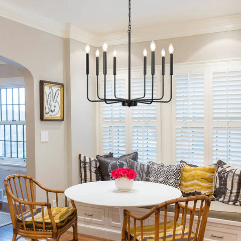 Eight Light Modern Black Farmhouse Chandelier For Dining Room Living Room Kitchen Foyer And Bedroom With Candle Style Illumination And 360 Degree Lighting For High Ceilings This Dope Fixture