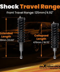 2 Inch Loaded Leveling Lift Struts For 2005-2023 Toyota Tacoma 2WD 4WD Upgrade showing shock travel range