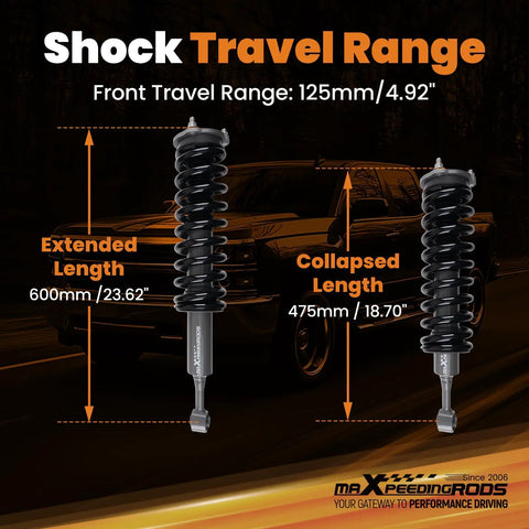 2 Inch Loaded Leveling Lift Struts For 2005-2023 Toyota Tacoma 2WD 4WD Upgrade showing shock travel range