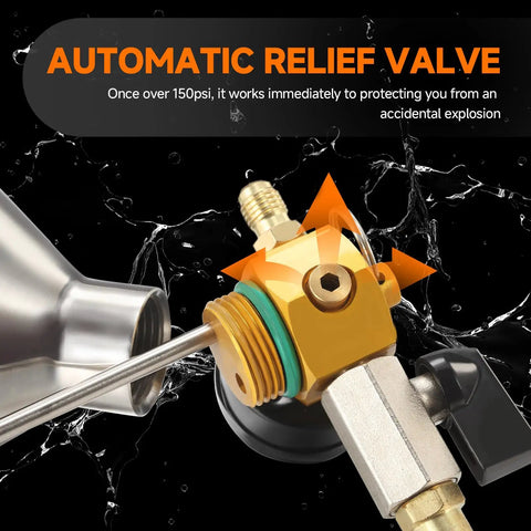 Pro Grade AC Flush Kit For Auto Air Conditioning System Cleaning With Stainless Steel Canister featuring automatic relief valve