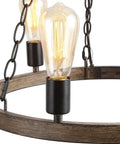 Close-up of Farmhouse Wagon Wheel Chandelier with rustic openwork round metal frame and natural rope, 6 light fixture view