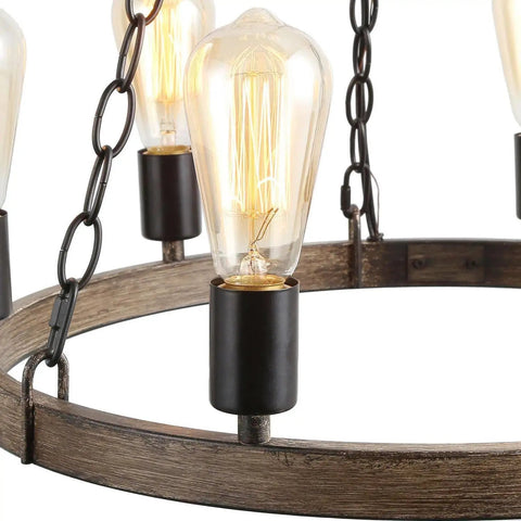 Close-up of Farmhouse Wagon Wheel Chandelier Eight Light Rustic Round Metal Fixture with natural rope accents and bulbs