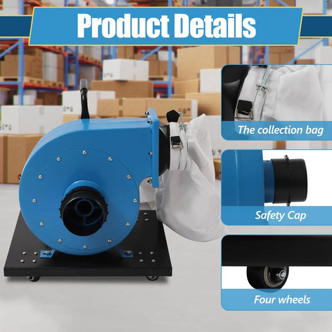 Rugged 1HP Dust Workhorse With 550 CFM Power And Rolling Wheeled Base showing blue housing, collection bag, and four wheels.