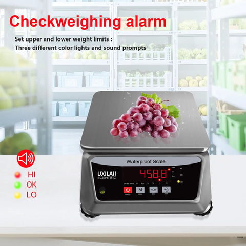 Waterproof Digital Kitchen Scale With Large Stainless Steel Pan, 66 Lb Capacity displaying grapes, ideal for accurate weigh-ins.