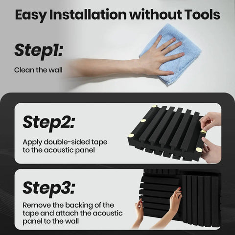 Installation steps for Premium Curved Acoustic Foam Panels 3 Inch Thick Sound Proofing Tiles for easy wall attachment.