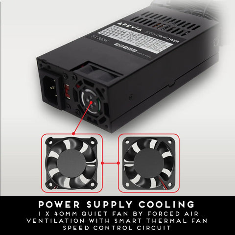 300W Flex ATX Power Supply For Mini ITX SFF And 1U Builds, 115V 230V Manual Switch, showing cooling fan and ventilation