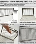 Stainless Steel Pigeon Trap With One Way Entry Gate And Lockable Mesh Door, dual door system, foldable mesh, compact design.