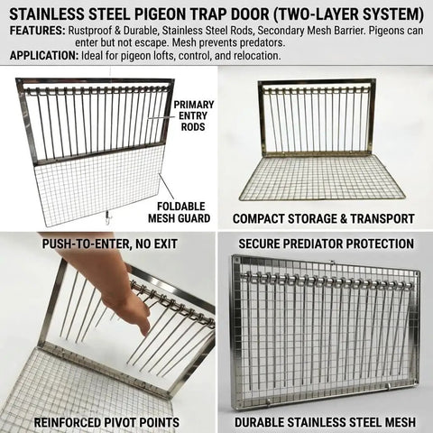 Stainless Steel Pigeon Trap With One Way Entry Gate And Lockable Mesh Door, dual door system, foldable mesh, compact design.