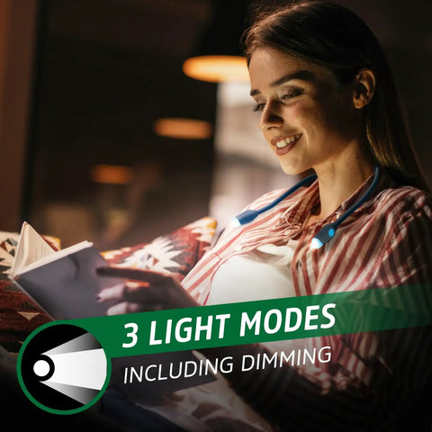 Woman reading with Rechargeable Neck Light With USB Charging, Flexible Hands Free LED Reading Lamp on, showing 3 light modes