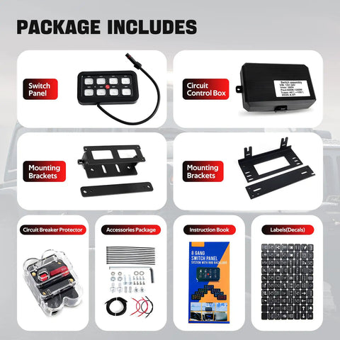 Package contents of 8 Gang RGB Toggle Switch Panel With Momentary Pulsed Memory, Auto Dim, On Off LED Touch Box For Universal Relay System.