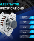 110Amp 12V 3-Pin Drop-In Alternator Replacement For 2007-2013 Altima L4 2.5L, 2013 Altima Coupe S, with specs displayed