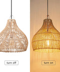 Small Rattan Pendant Light For Kitchen Island With Boho Wicker Chandelier Look Hand Woven Ceiling Lamp Shade for Living Room shown off and on
