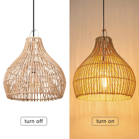 Small Rattan Pendant Light For Kitchen Island With Boho Wicker Chandelier Look Hand Woven Ceiling Lamp Shade for Living Room shown off and on