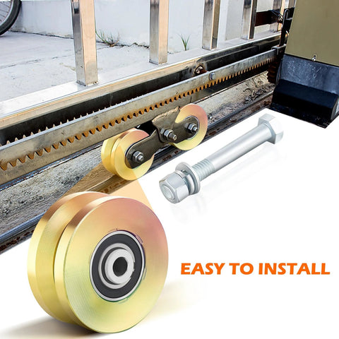 4-inch heavy-duty V-groove slide gate wheel with double bearings; gold-toned metal, includes screws