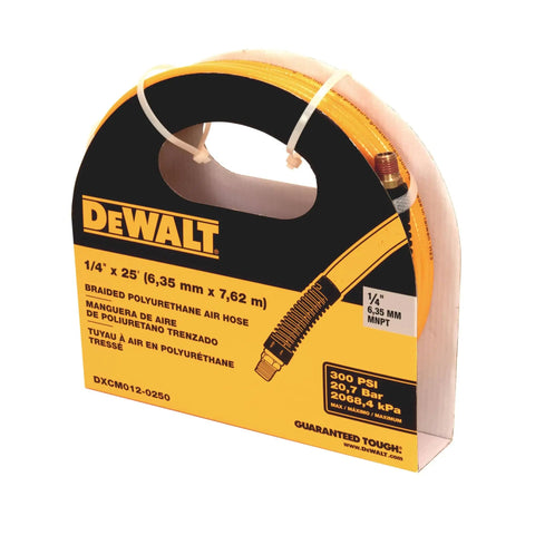 Braided Polyurethane Air Hose 1/4 Inch By 25 Feet, Heavy Duty 300 PSI, Oil And Kink Resistant, Lightweight, in packaging.