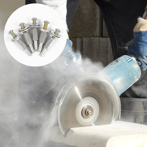 Five Piece Drill Shaft Extender And Buffing Wheel Mandrel Set Thick Arbor Adapter on drill cutting concrete with smoke.