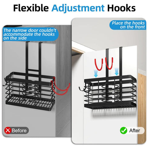 Image showing the Three In One Hair Tool Organizer And Universal Hair Dryer Holder Upgraded 2026 No Hassle Adjustable Height Black Mount On Wall Or Over Cabinet Door with flexible adjustment hooks.