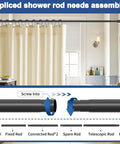 Matte Black Shower Curtain Rod 36 To 84 Inch Adjustable No Slip No Drill Stainless Steel Spring Tension Rod For Bathroom Window Bedroom Rust Proof Easy Install Durable And Secure Ideal For Showers And Windows In Any Space, showing assembly steps in modern bathroom