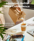 Pouring coffee from 8 Pack 96 Oz Disposable Coffee Dispensers With Handle, Insulated Grab And Go Beverage Storage Containers.