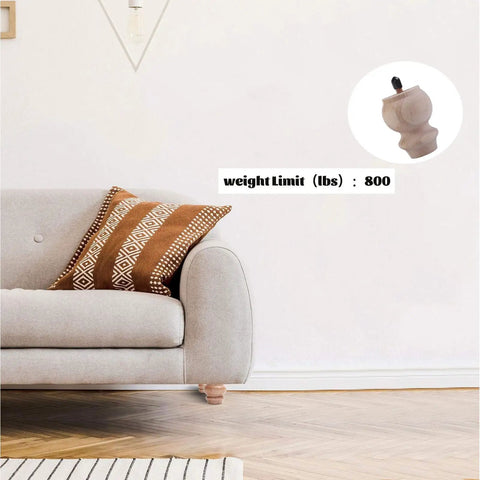 Top Shelf 3 Inch Smooth Wooden Bun Feet For Furniture Fixer Upper Set Of 8 with sofa showing weight limit of 800 lbs close-up.