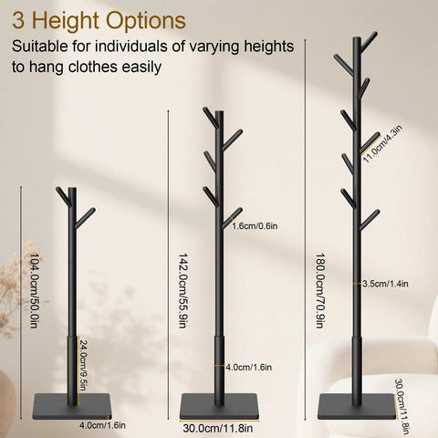 Freestanding Coat Rack With Stable Square Base 8 Hooks And 3 Adjustable Heights for Bedroom Office or Entryway in Black Finish
