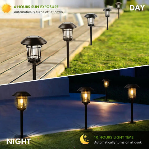 5 Pack Solar Outdoor Pathway Lights With Glass Lantern-Style Heads, Durable Metal Stakes in Slate Gray, day and night view