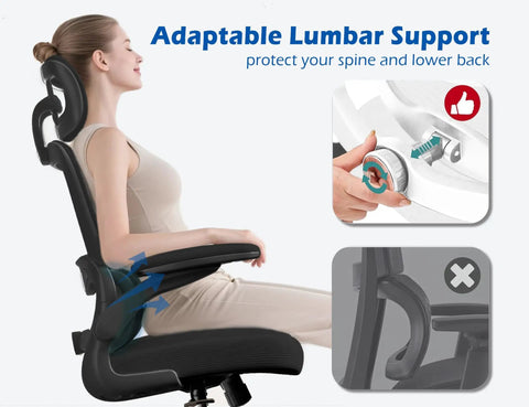 Ergonomic Office Chair With Adjustable Headrest And Lumbar Support, Breathable Mesh Back, Flip Up Armrests, woman seated in black chair